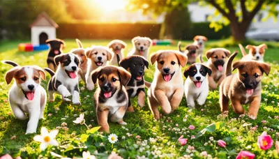 Group of Happy Puppies Running in Sunny Garden