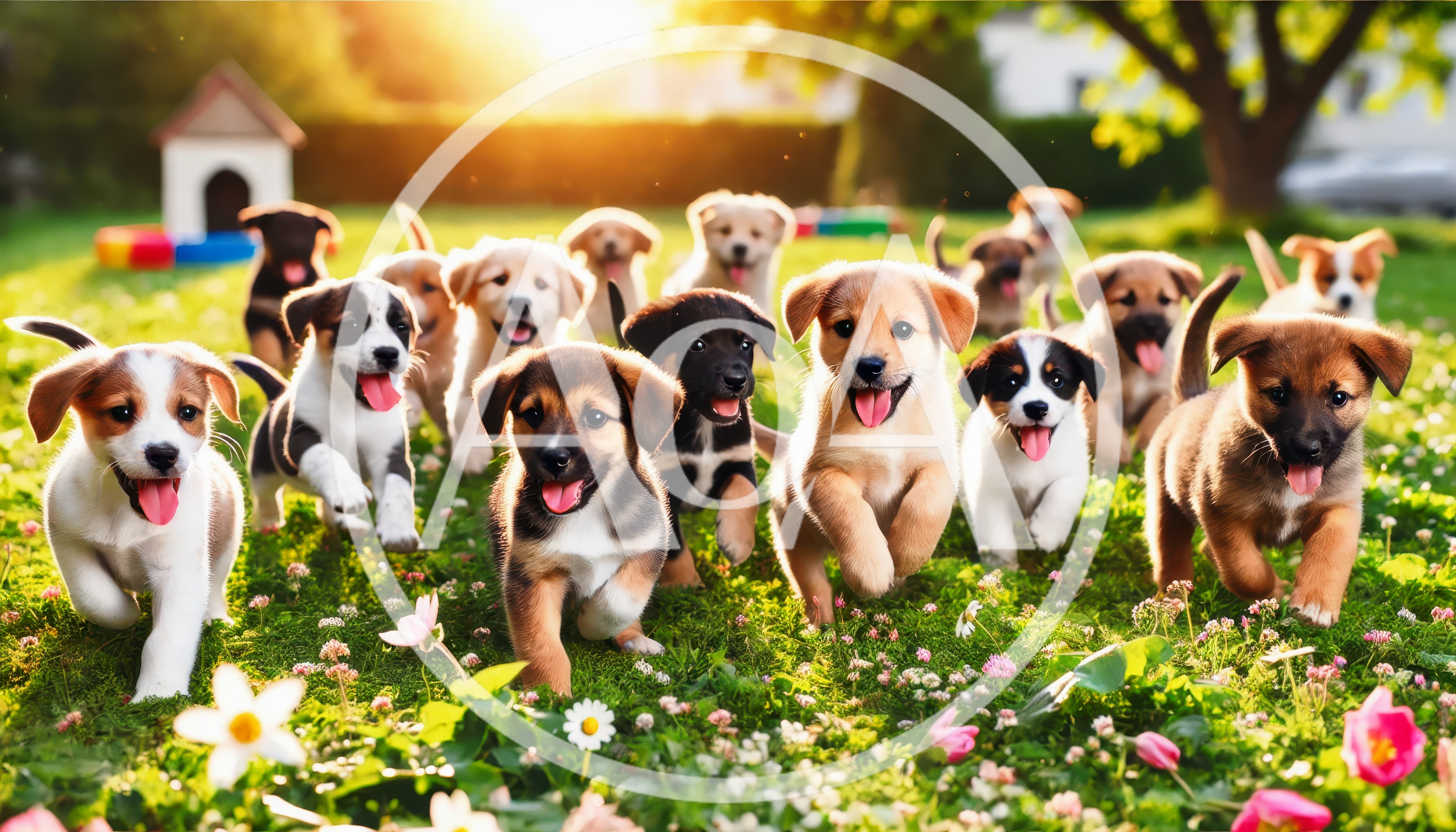 Group of Happy Puppies Running in Sunny Garden