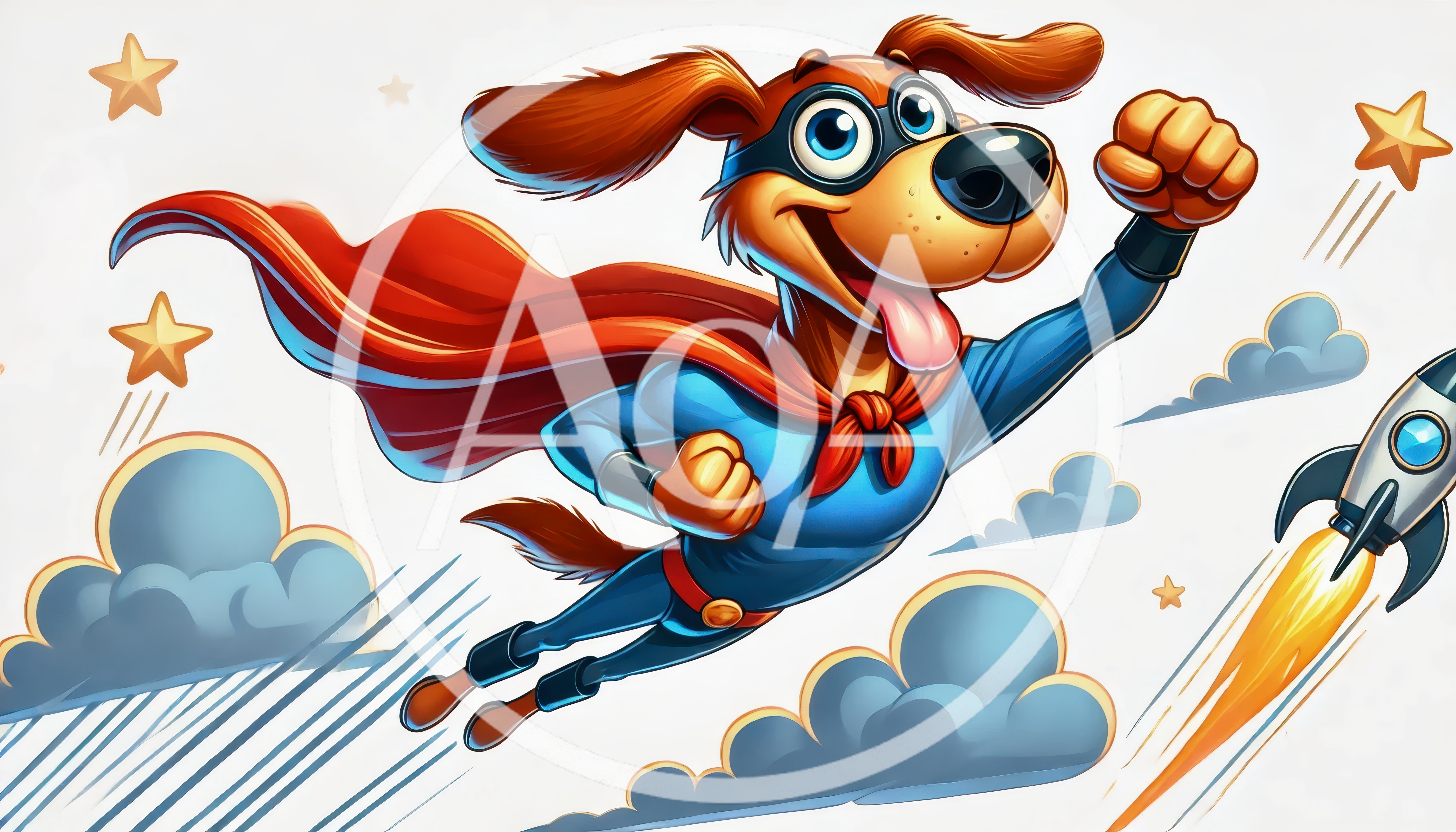 Cartoon Superhero Dog Flying Through The Sky