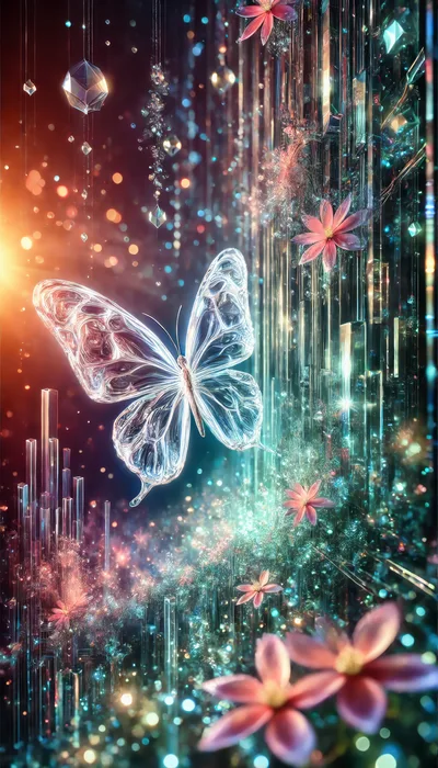 Glowing Transparent Butterfly In A Magical Crystal Forest