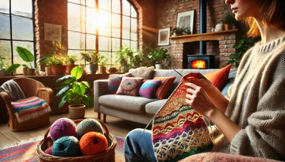 Woman Knitting Colorful Yarn In A Cozy Sunlit Living Room
