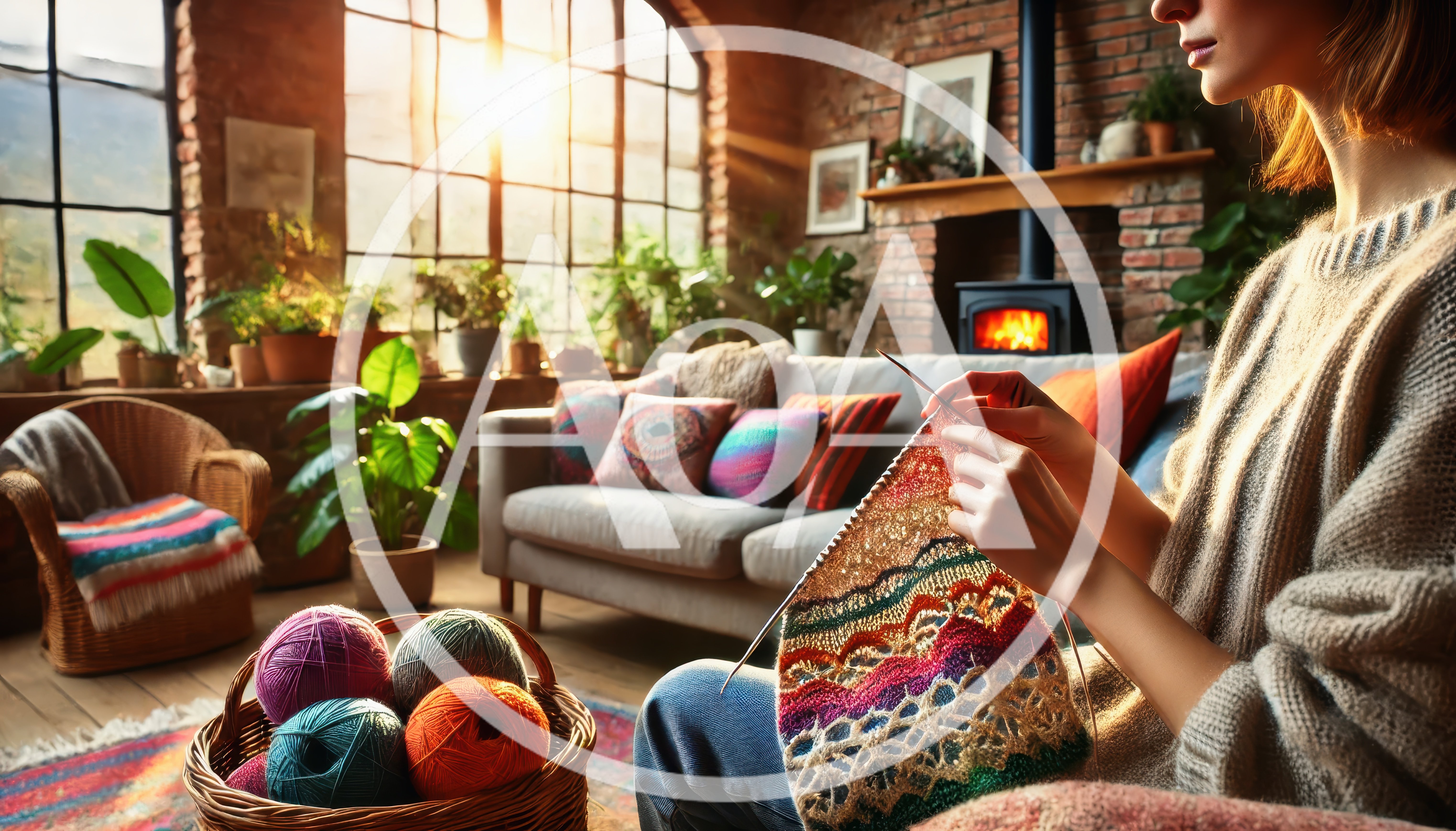 Woman Knitting Colorful Yarn In A Cozy Sunlit Living Room