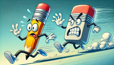 Cartoon Pencil Running Away From An Angry Eraser