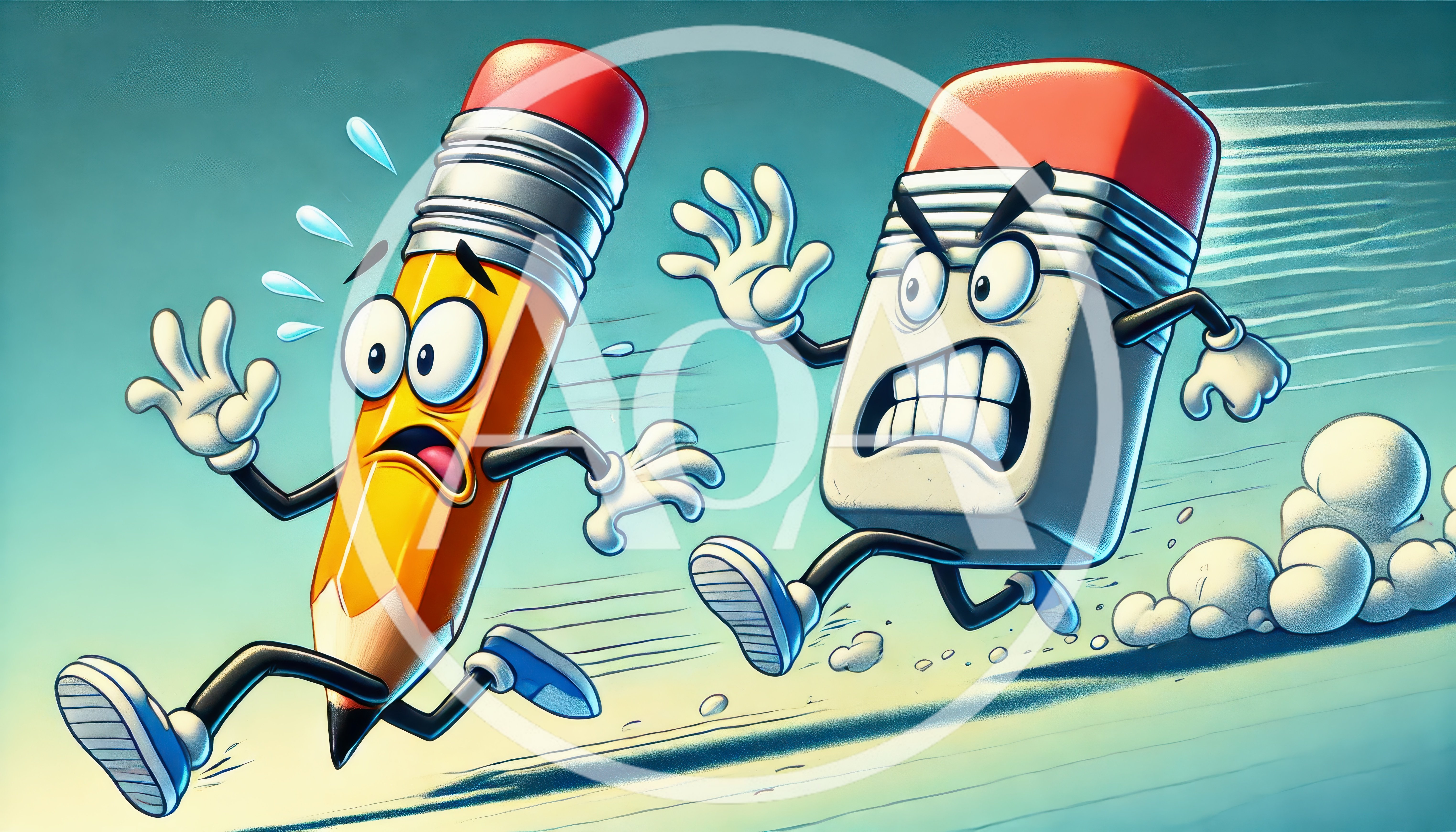Cartoon Pencil Running Away From An Angry Eraser