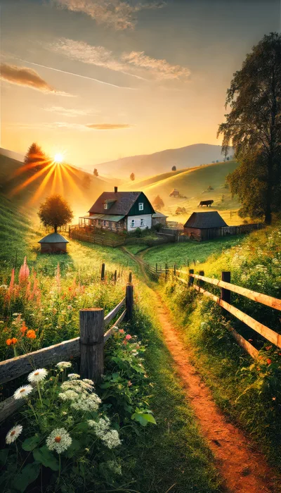 Idyllic Rural Farmhouse At Sunrise In The Mountains