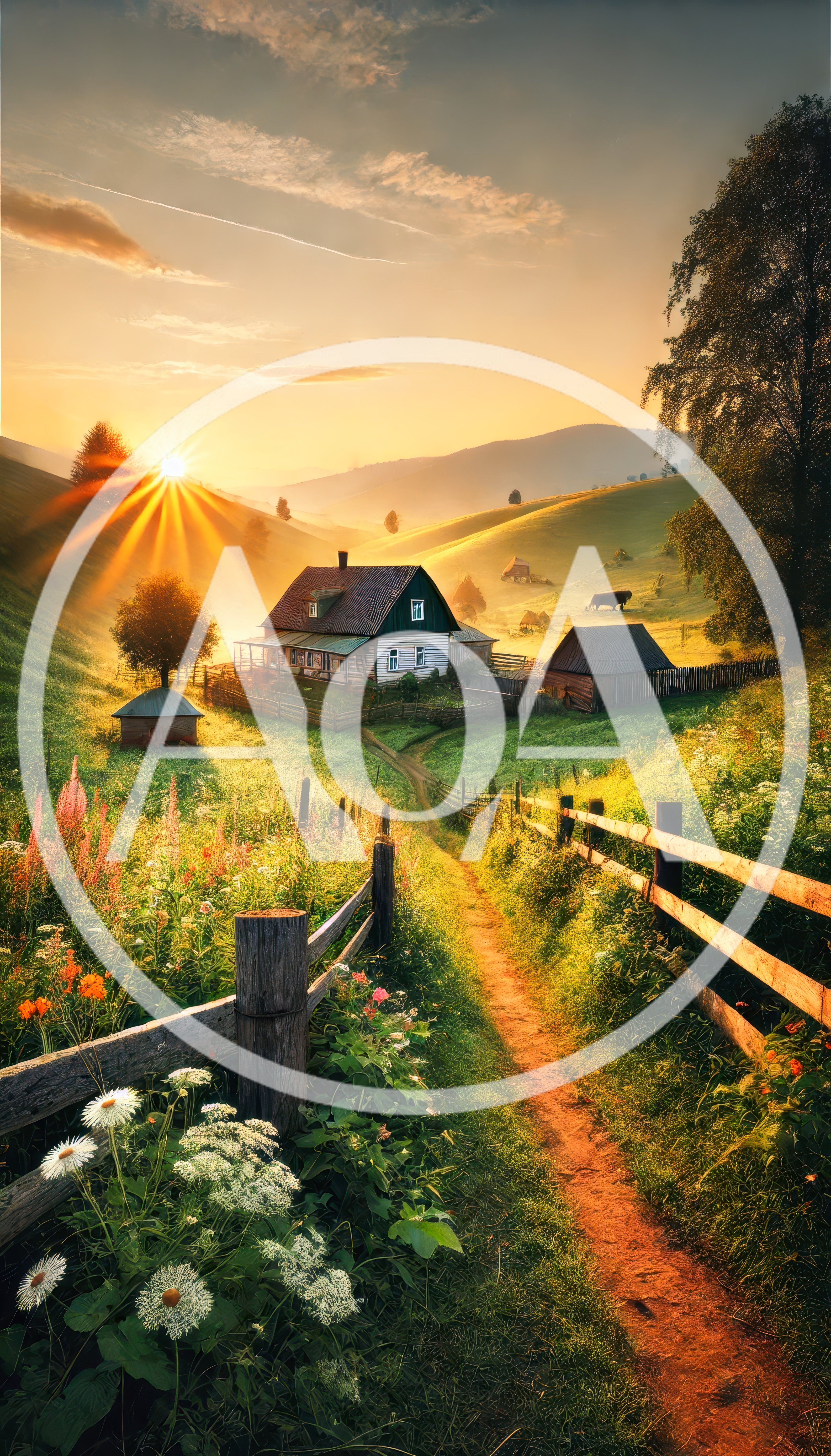 Idyllic Rural Farmhouse At Sunrise In The Mountains