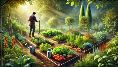 Man Gardening In A Lush Vegetable Garden