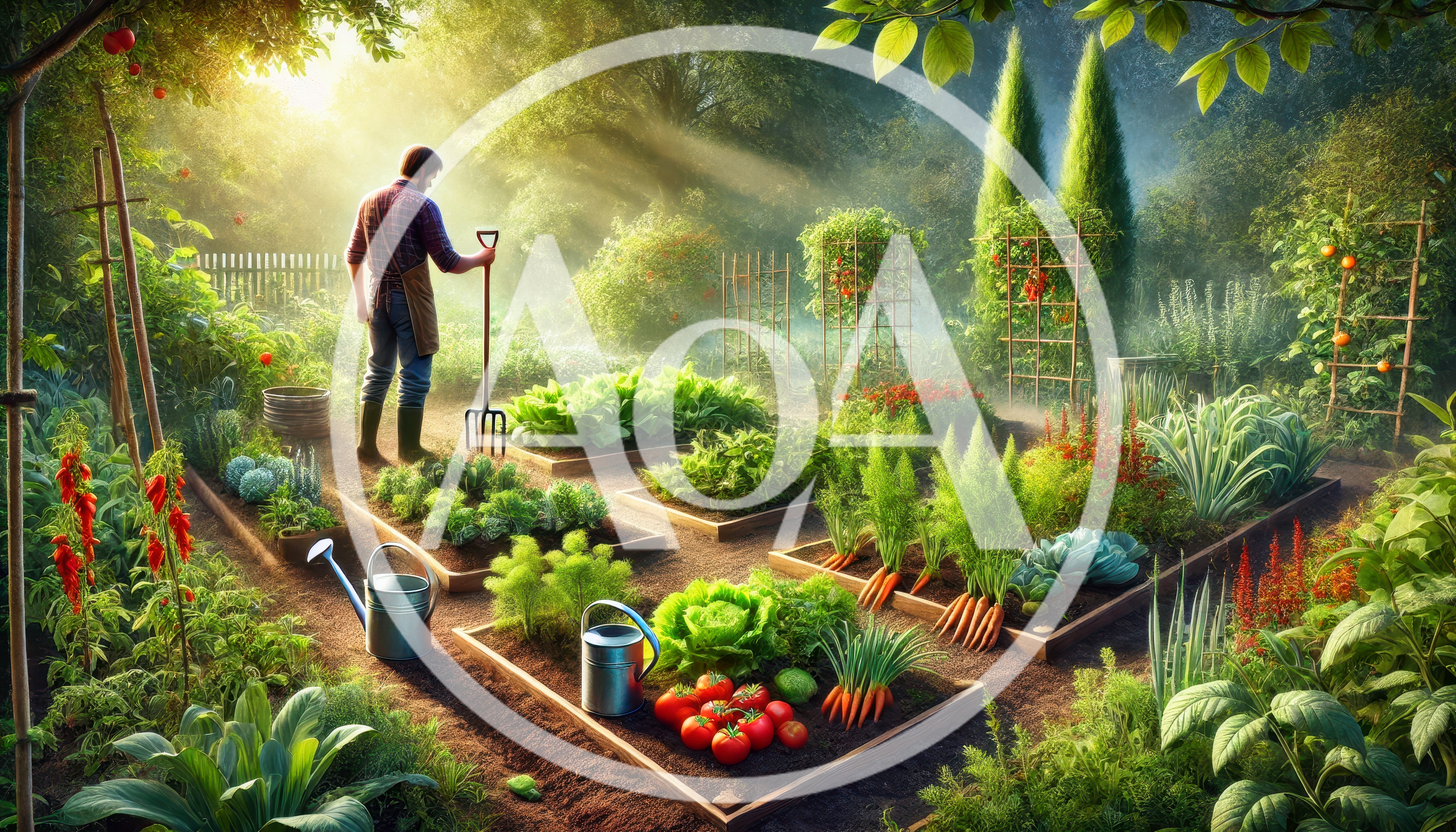 Man Gardening In A Lush Vegetable Garden