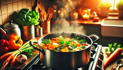 Vegetable Soup Simmering in a Pot on a Stove