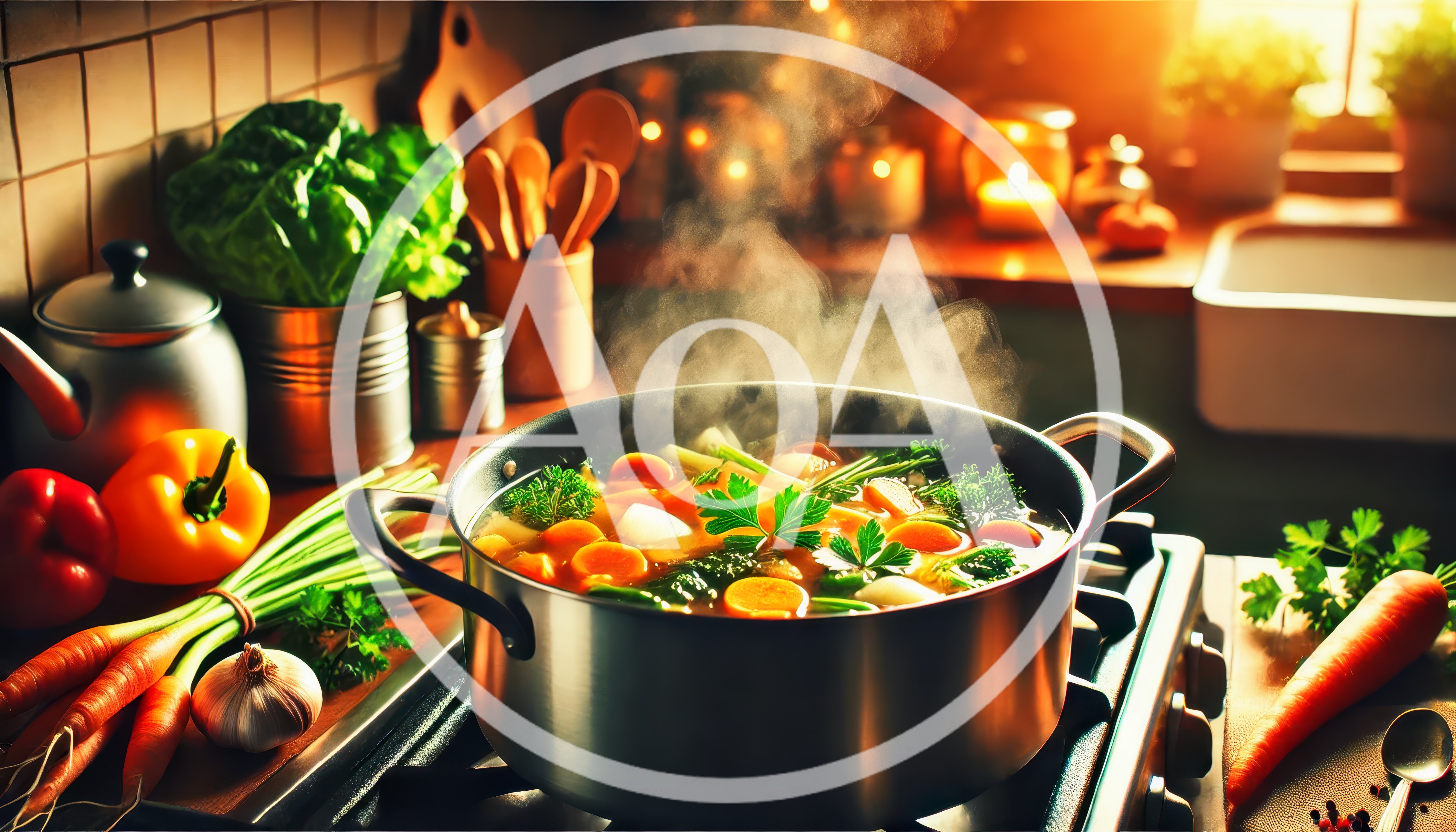 Vegetable Soup Simmering in a Pot on a Stove