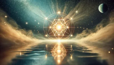 Sacred Geometry Symbol Floating Above Reflective Cosmic Water