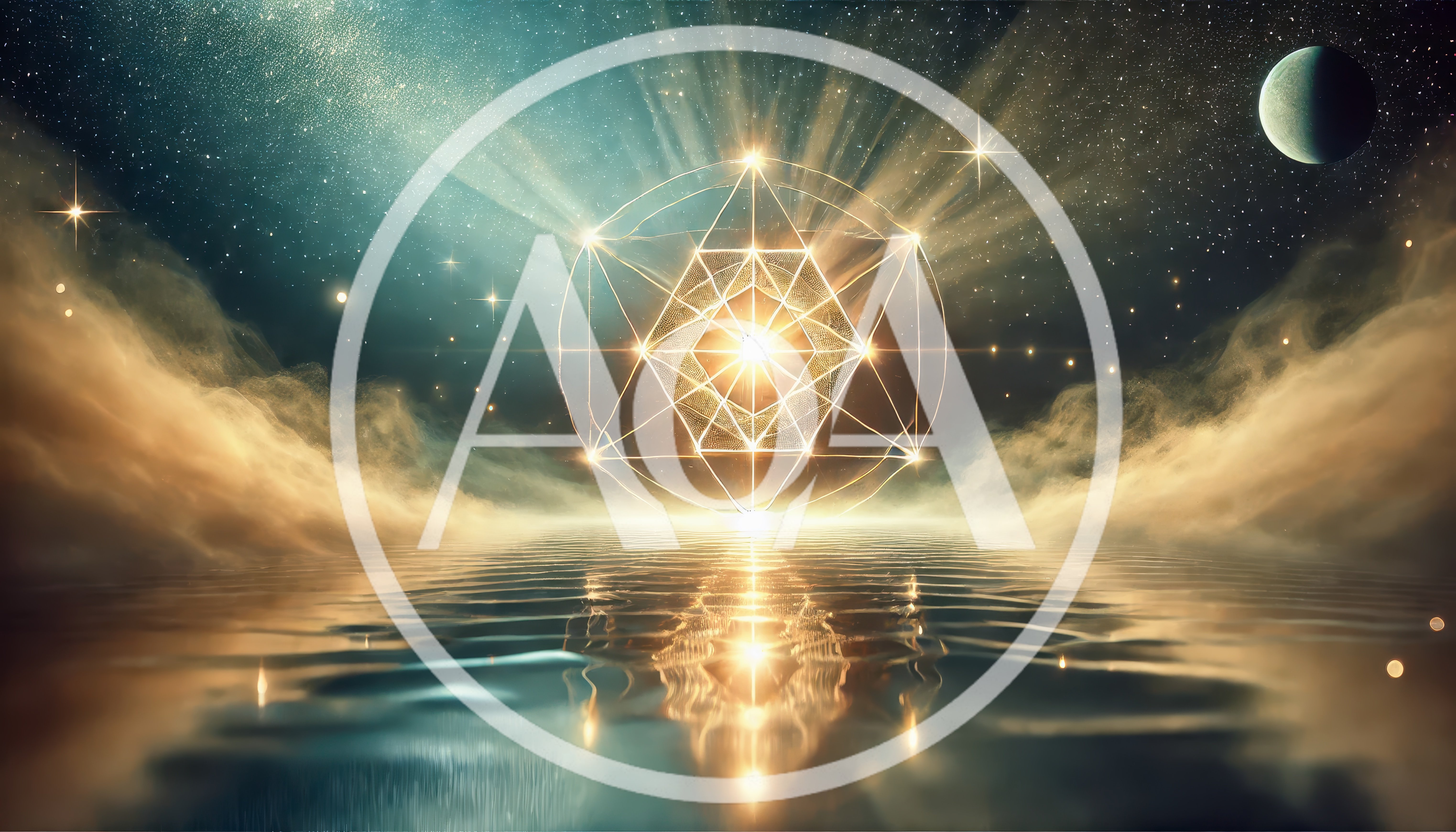 Sacred Geometry Symbol Floating Above Reflective Cosmic Water