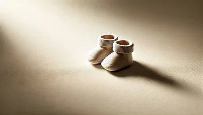 Pair Of Soft Beige Baby Booties On Textured Surface