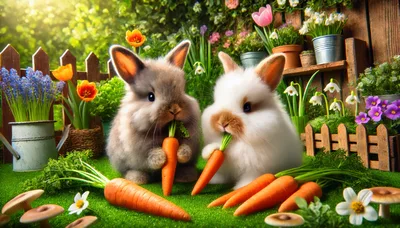 Two Cute Bunnies Eating Carrots in a Garden