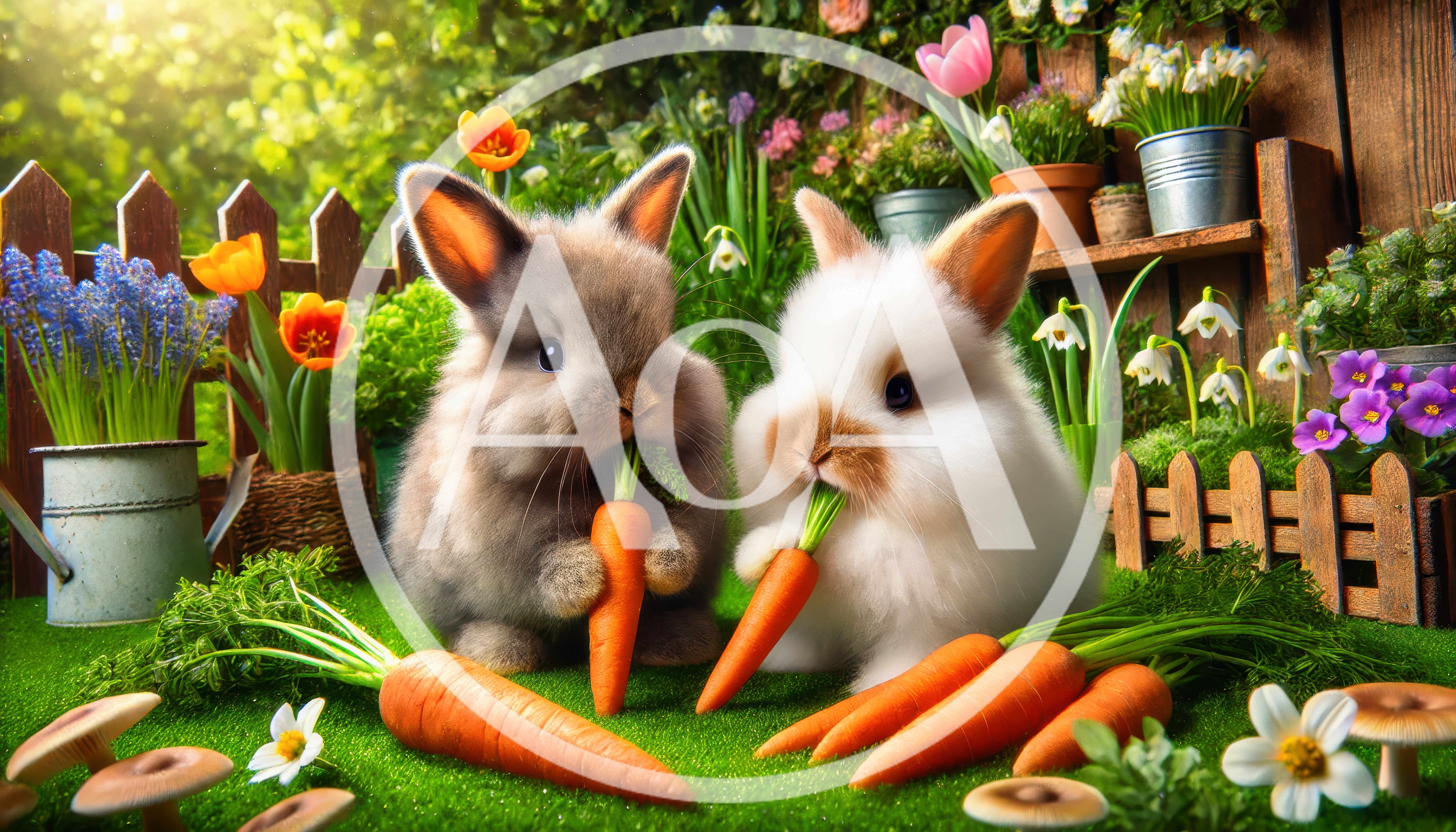 Two Cute Bunnies Eating Carrots in a Garden