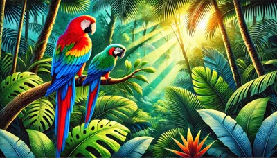 Two Colorful Parrots Perched in a Lush Tropical Jungle