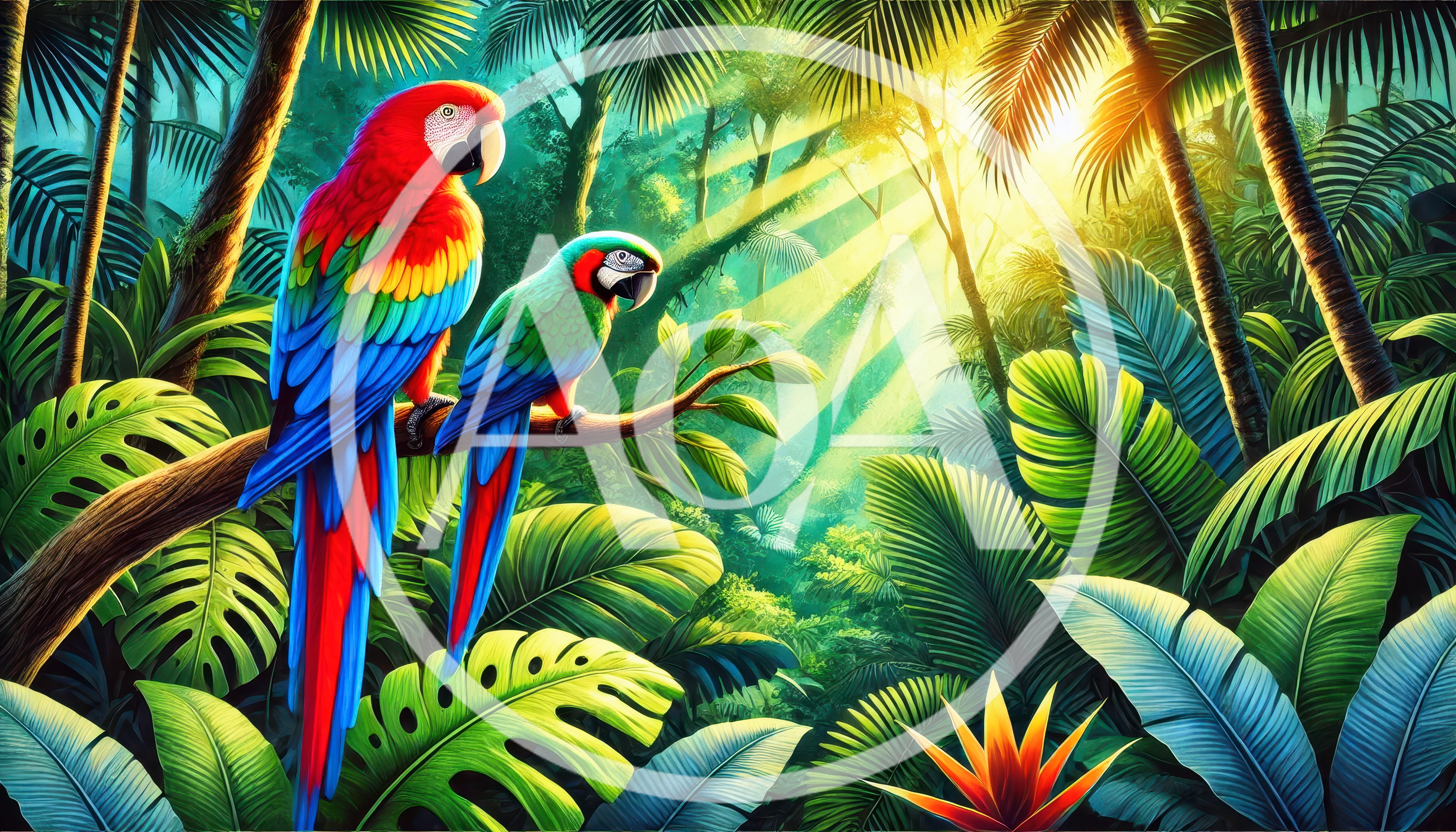 Two Colorful Parrots Perched in a Lush Tropical Jungle
