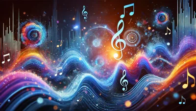 Abstract Musical Waves With Floating Notes And Sound Bars