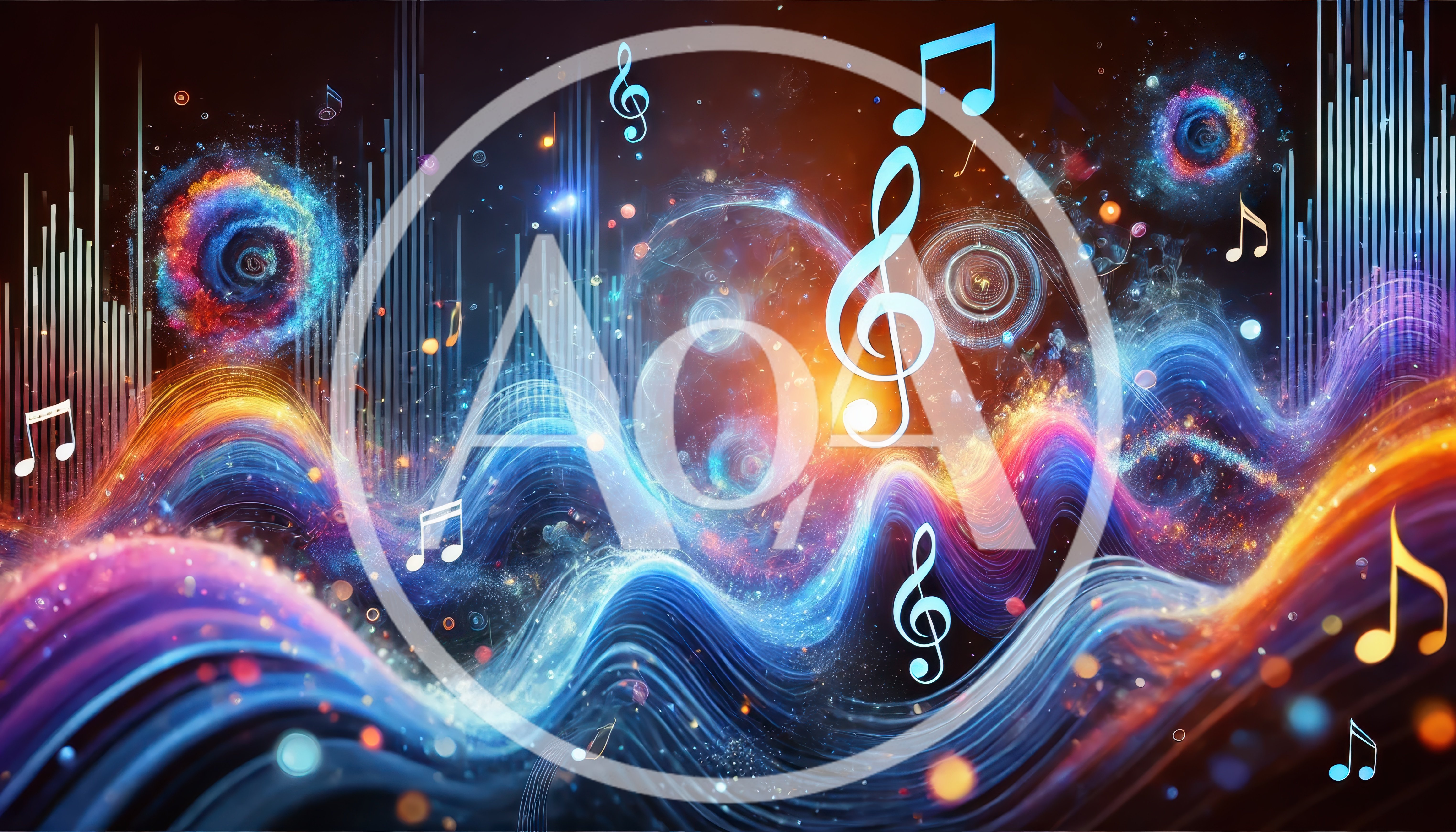 Abstract Musical Waves With Floating Notes And Sound Bars