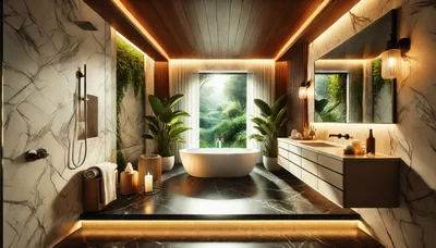 Luxury Modern Bathroom With Freestanding Bathtub And Nature View