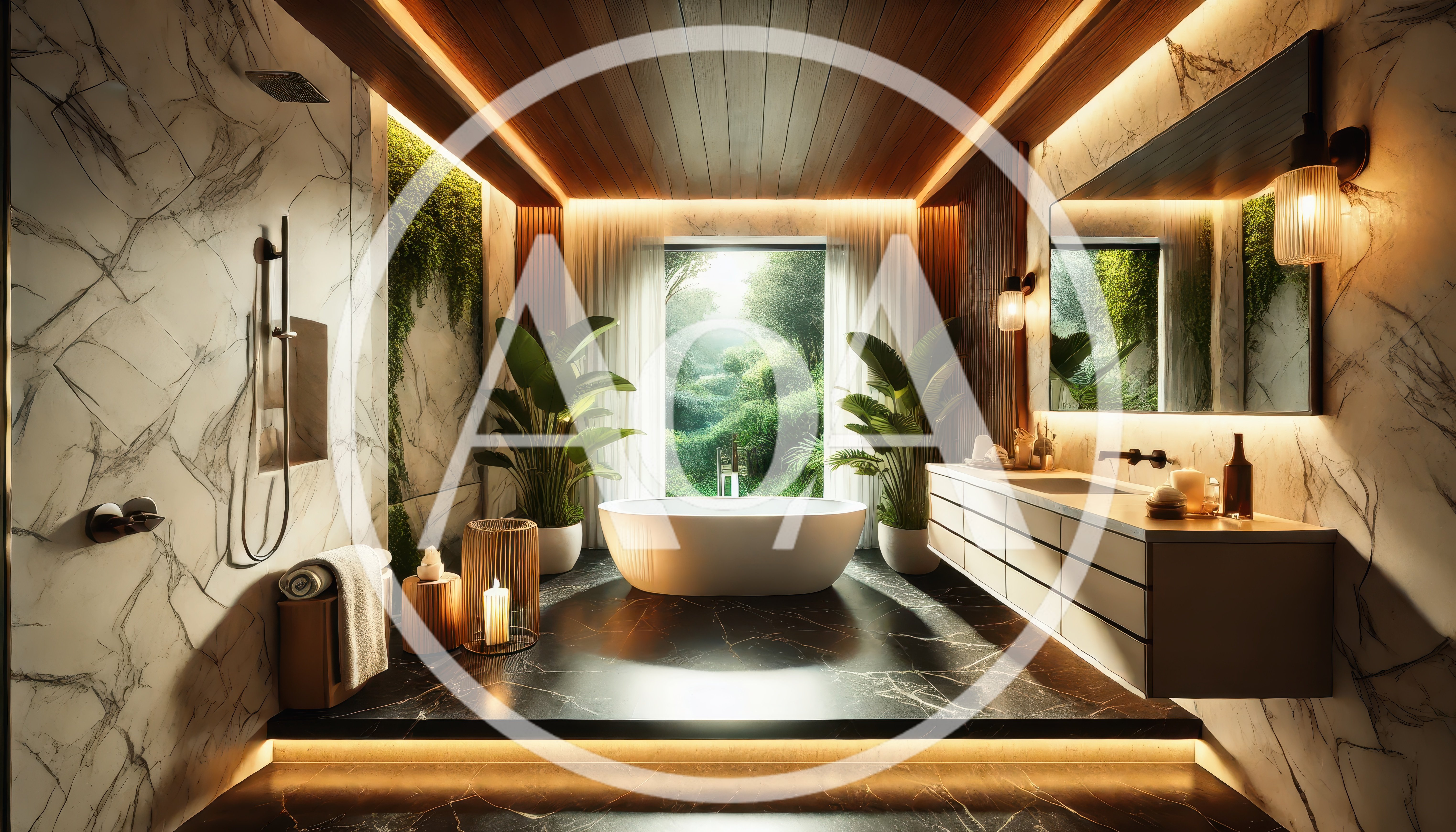 Luxury Modern Bathroom With Freestanding Bathtub And Nature View