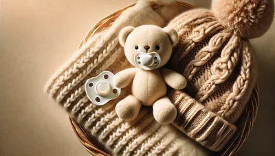 Baby Teddy Bear With Pacifier In Wicker Basket