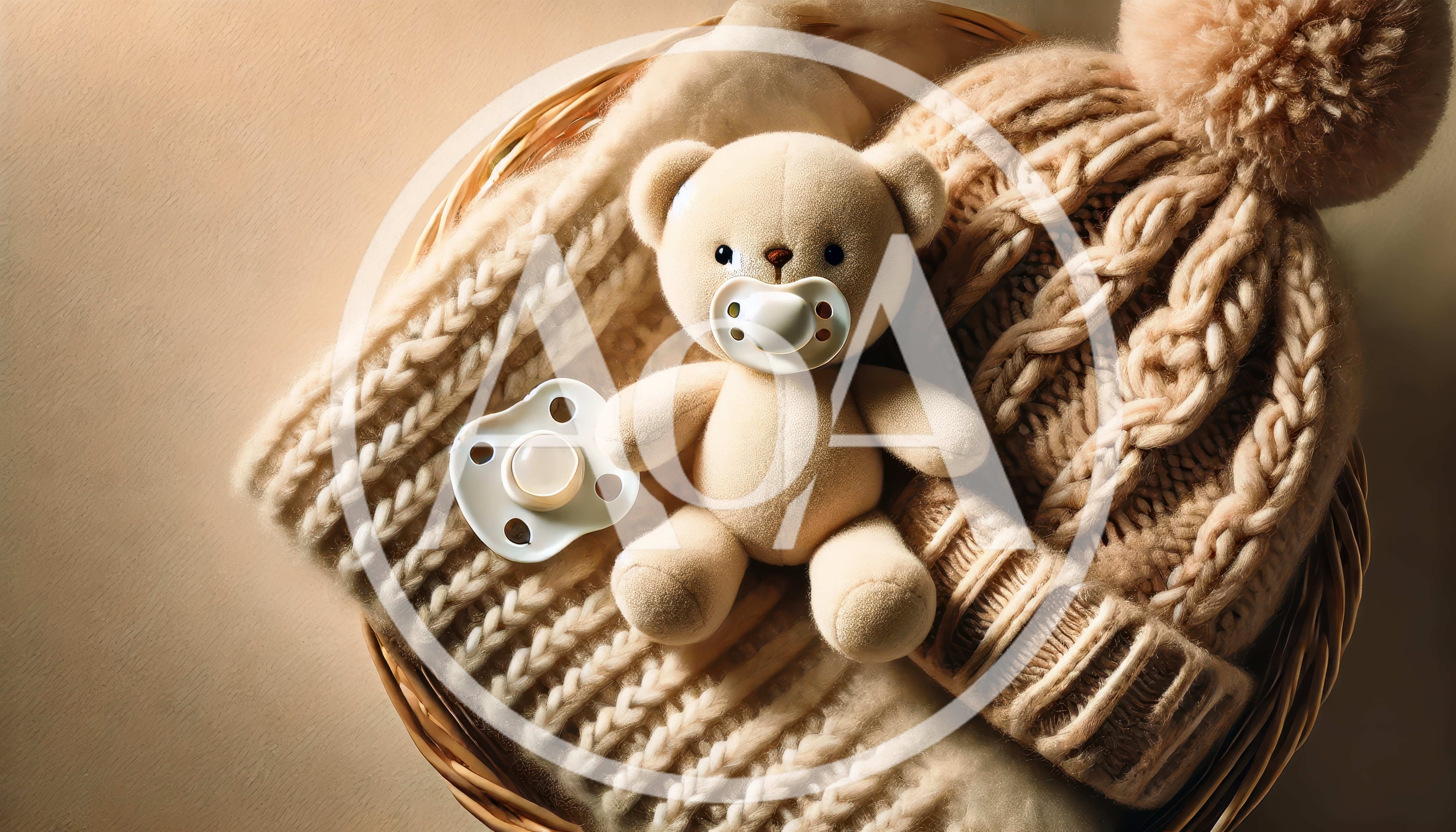 Baby Teddy Bear With Pacifier In Wicker Basket