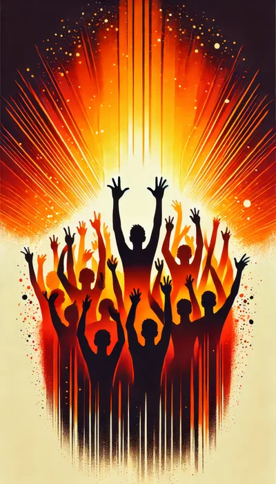 Silhouetted Crowd Celebrating With Raised Hands Under Bright Light
