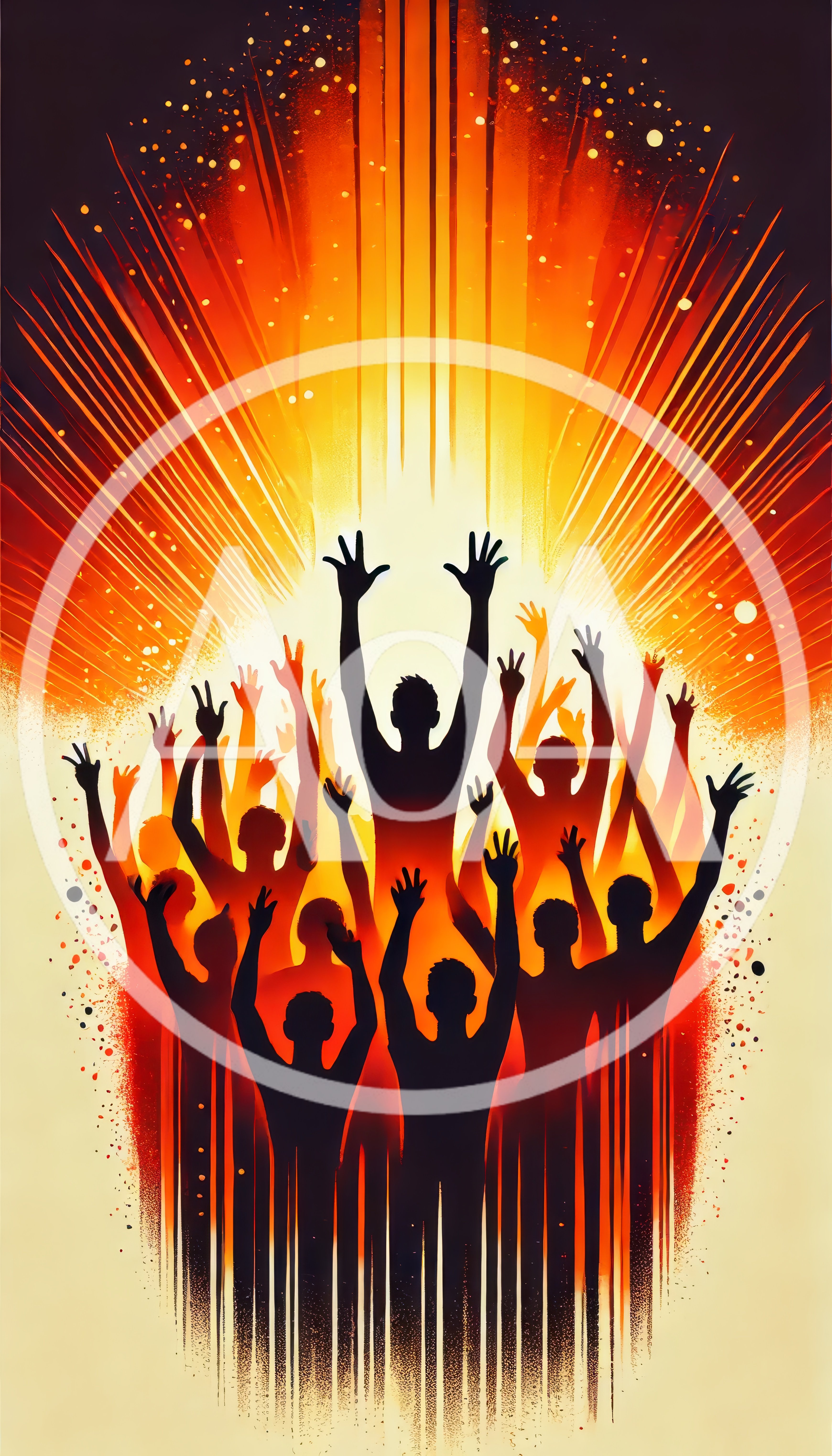 Silhouetted Crowd Celebrating With Raised Hands Under Bright Light