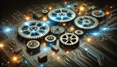 Digital Gears Rotating on Futuristic Circuit Board