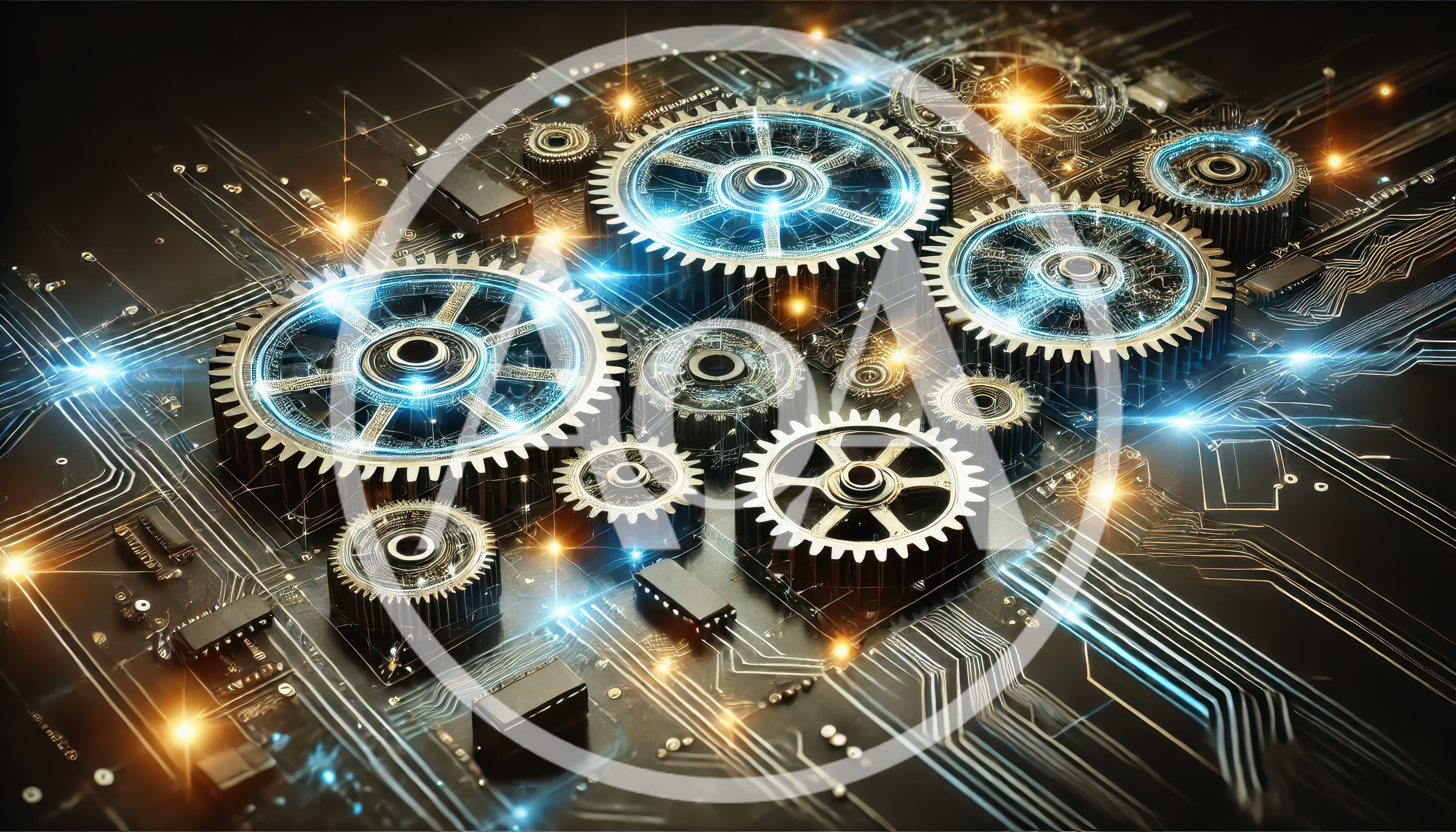 Digital Gears Rotating on Futuristic Circuit Board