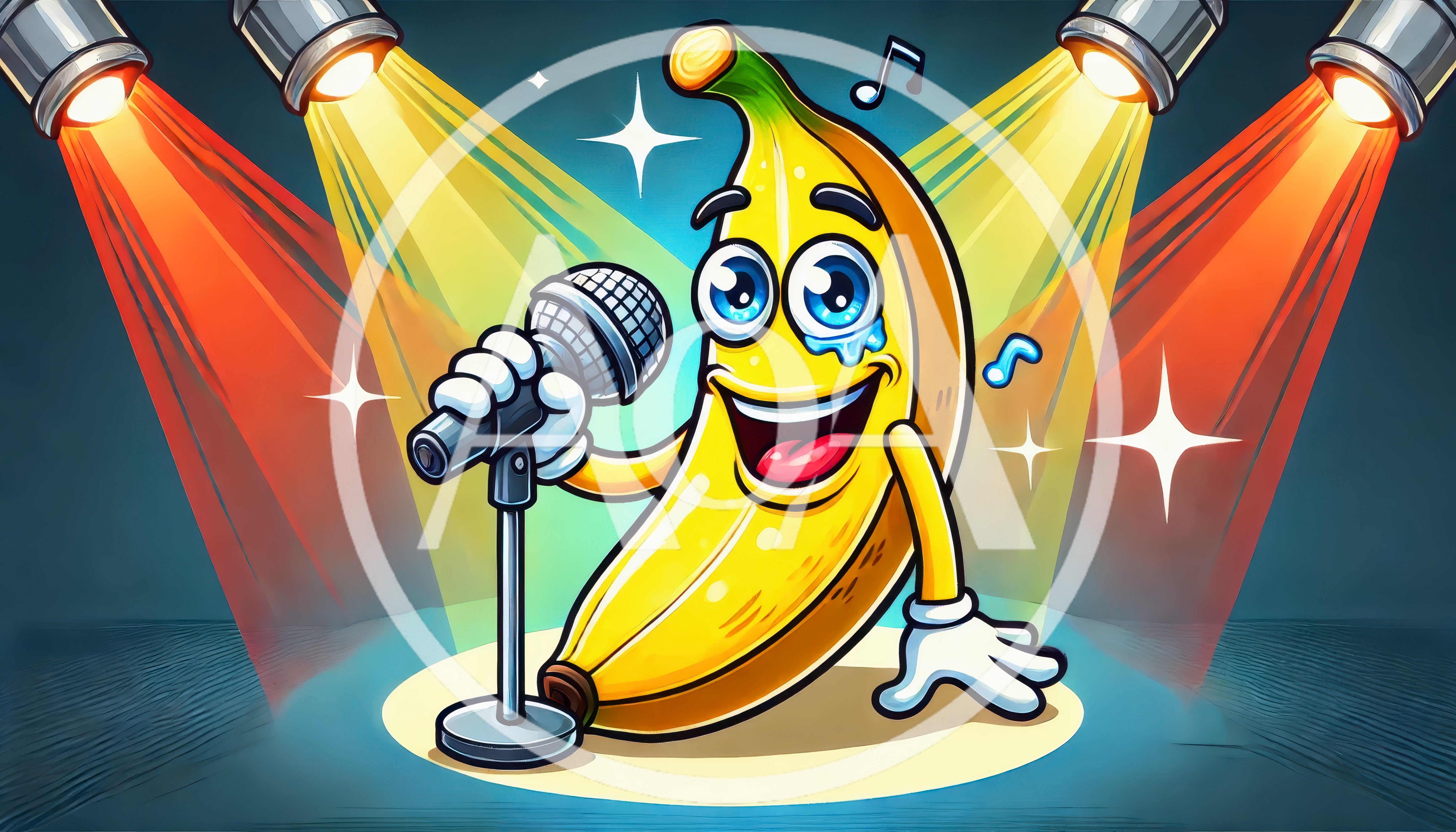 Cartoon Banana Character Singing Into A Microphone On Stage