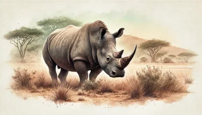 Watercolor Illustration Of A Rhinoceros In The Savanna