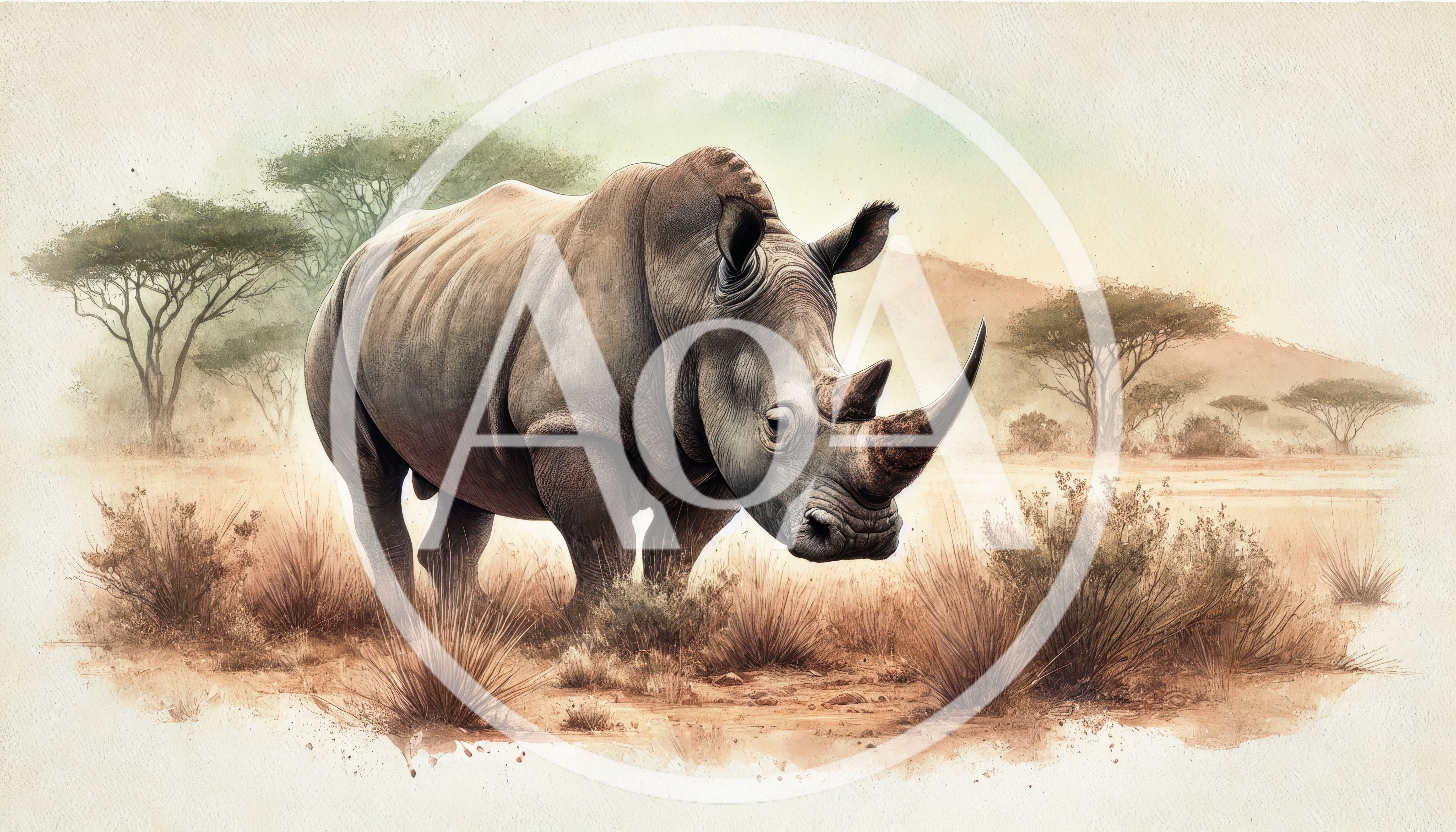 Watercolor Illustration Of A Rhinoceros In The Savanna