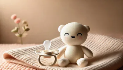 Cute Plush Teddy Bear With Pacifier On Blanket