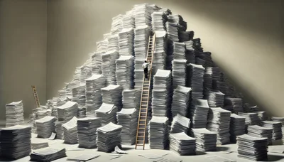 Businessman Climbing A Massive Mountain Of Paperwork