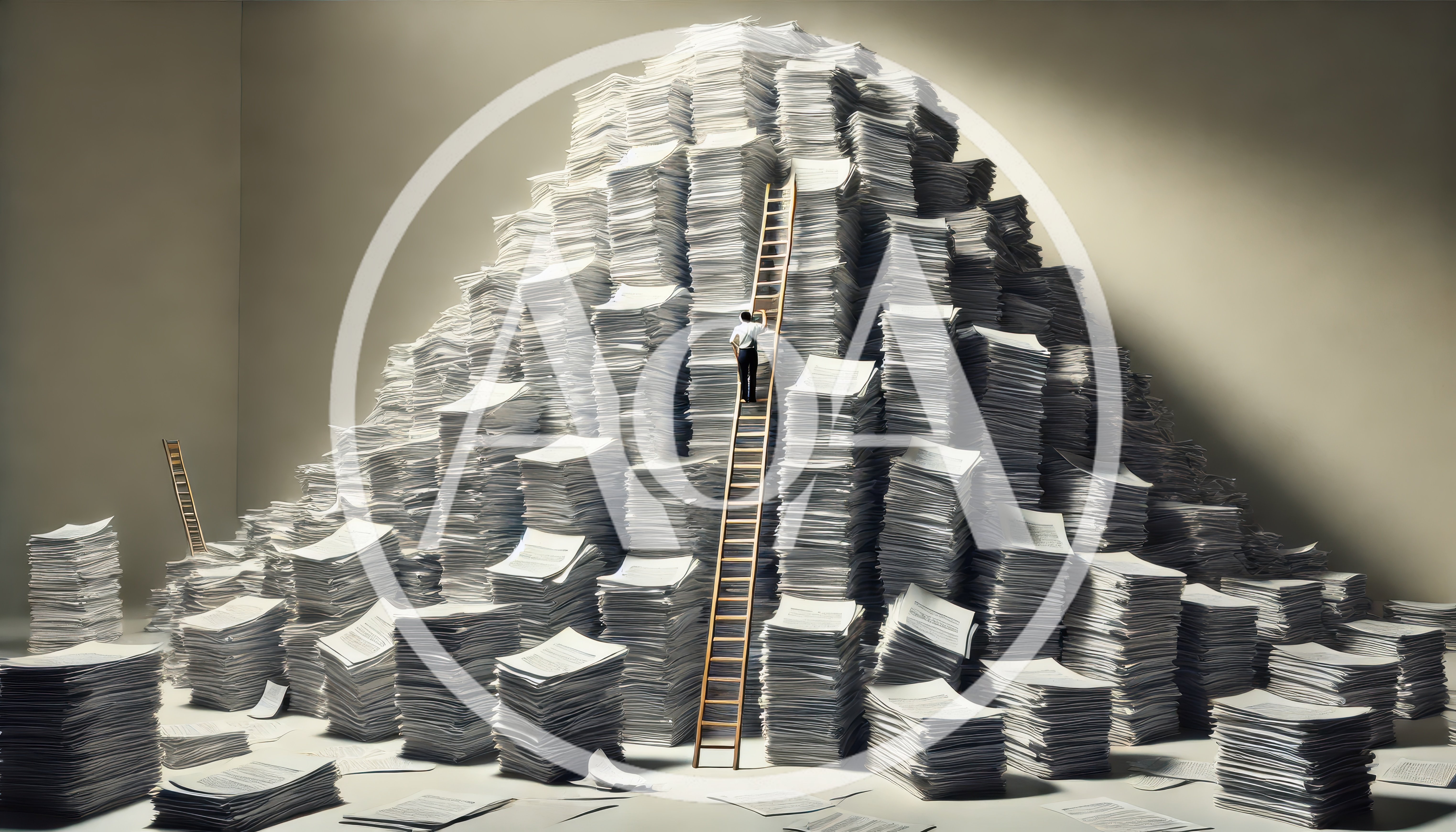 Businessman Climbing A Massive Mountain Of Paperwork