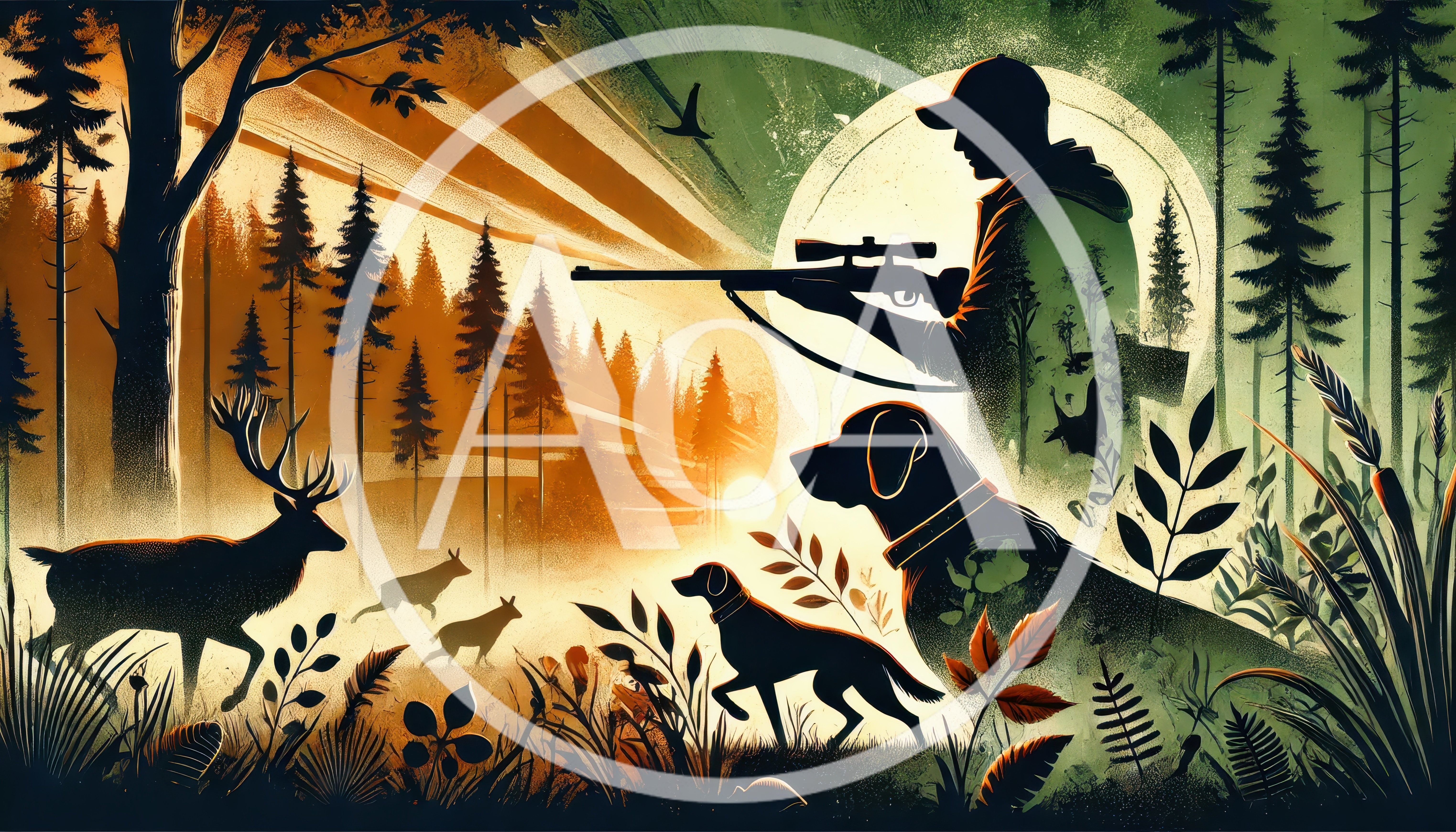Hunter With Dogs In A Forest Landscape
