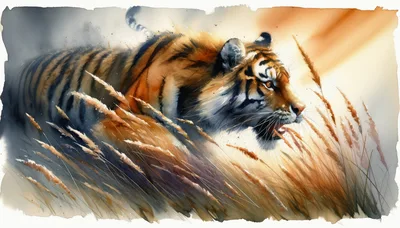 Watercolor Painting Of A Tiger Prowling Through Tall Grass