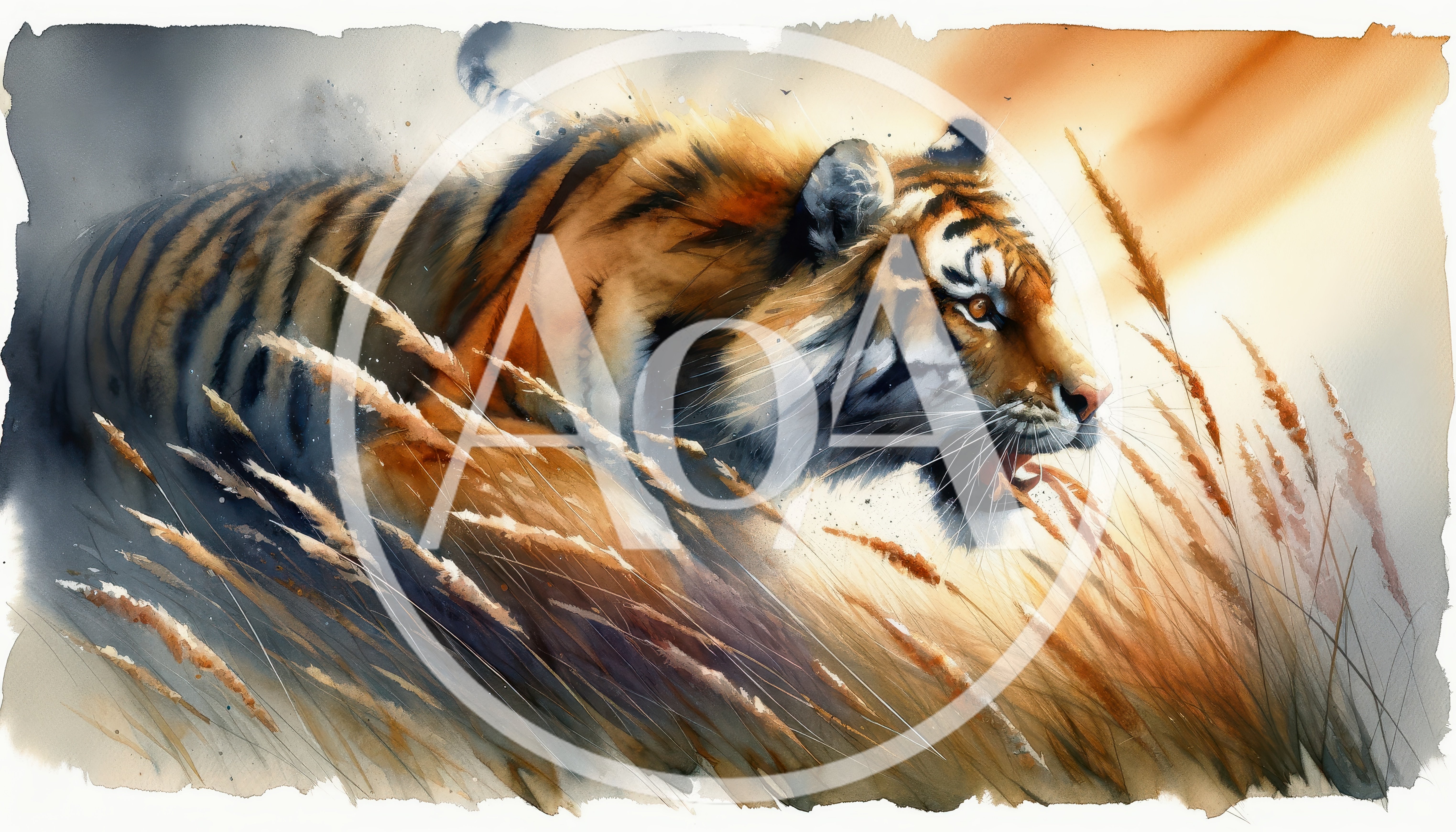 Watercolor Painting Of A Tiger Prowling Through Tall Grass