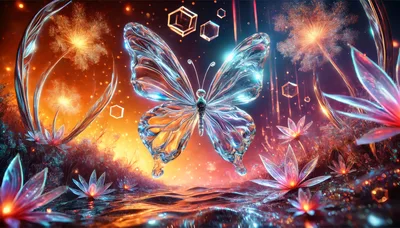 Glass Butterfly Floating Above Glowing Lotus Flowers