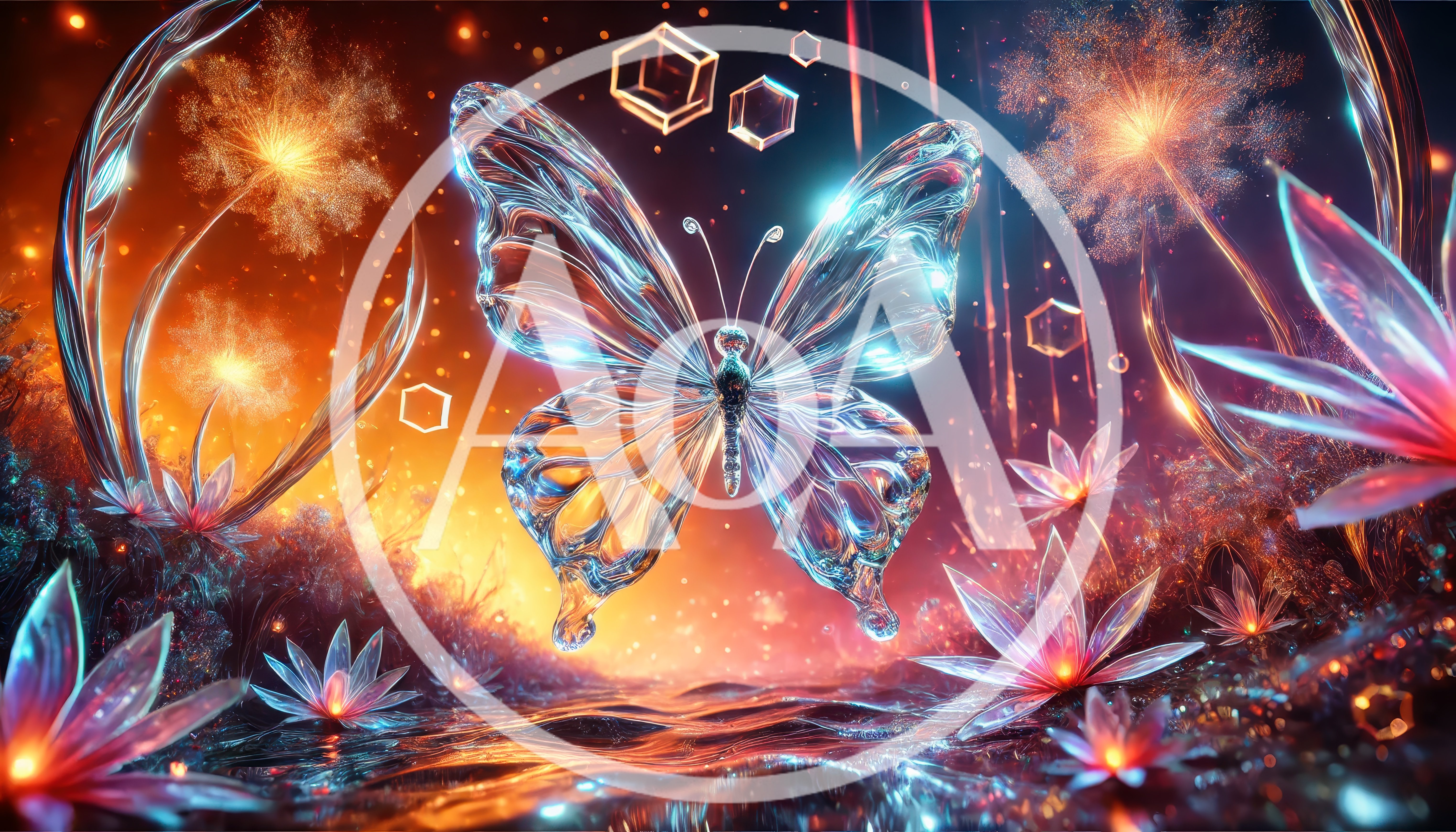 Glass Butterfly Floating Above Glowing Lotus Flowers