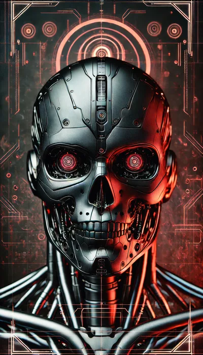 Futuristic Robotic Skull With Glowing Red Eyes