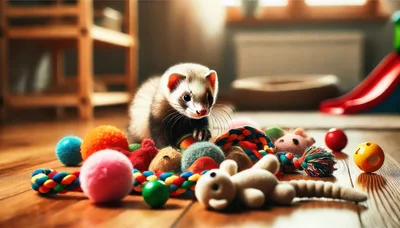 Cute Ferret Playing With Colorful Toys On Wooden Floor