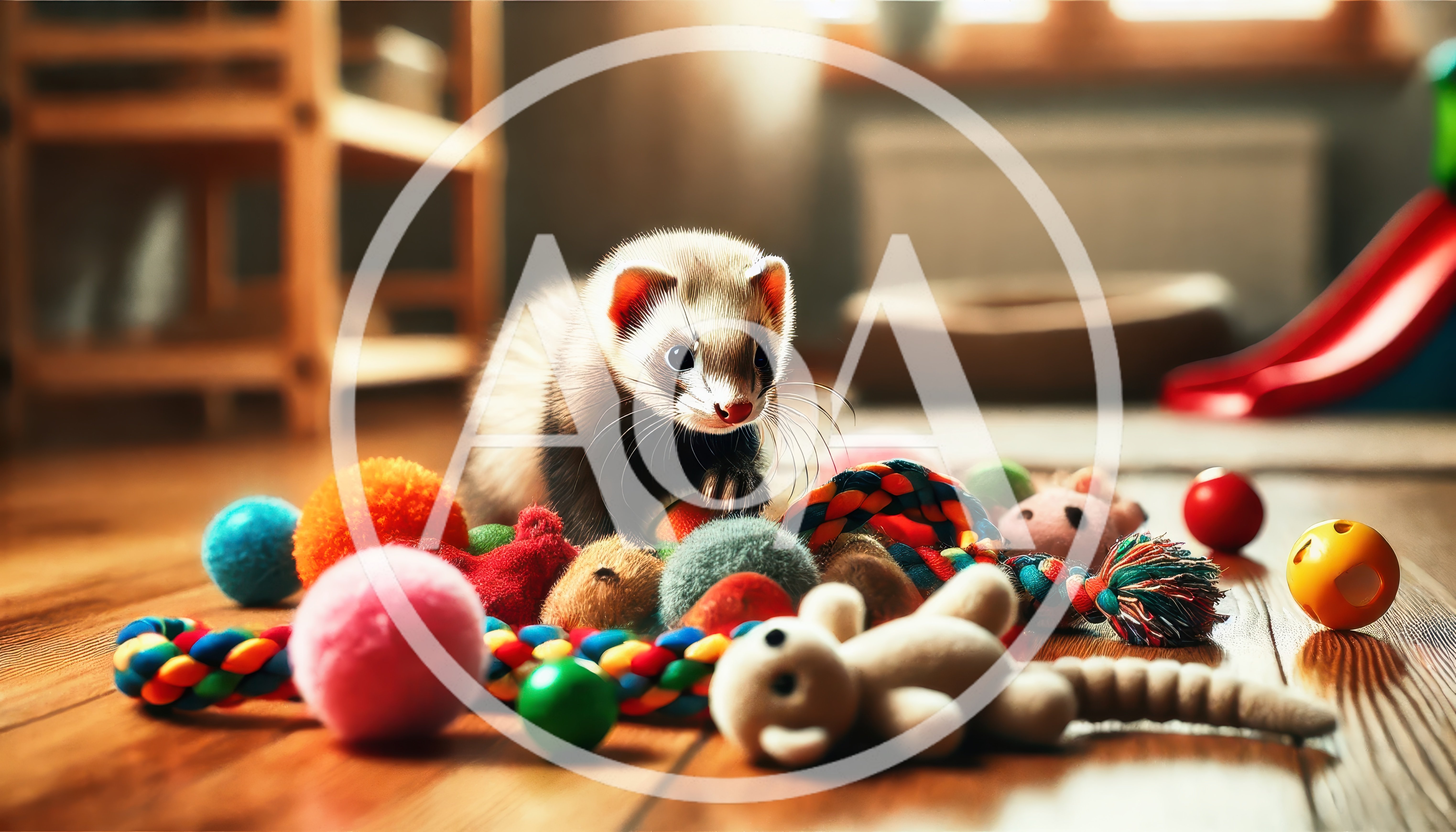 Cute Ferret Playing With Colorful Toys On Wooden Floor