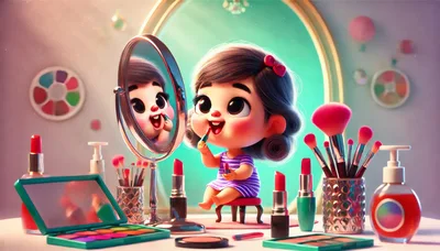 Cute Cartoon Girl Applying Lipstick At Vanity
