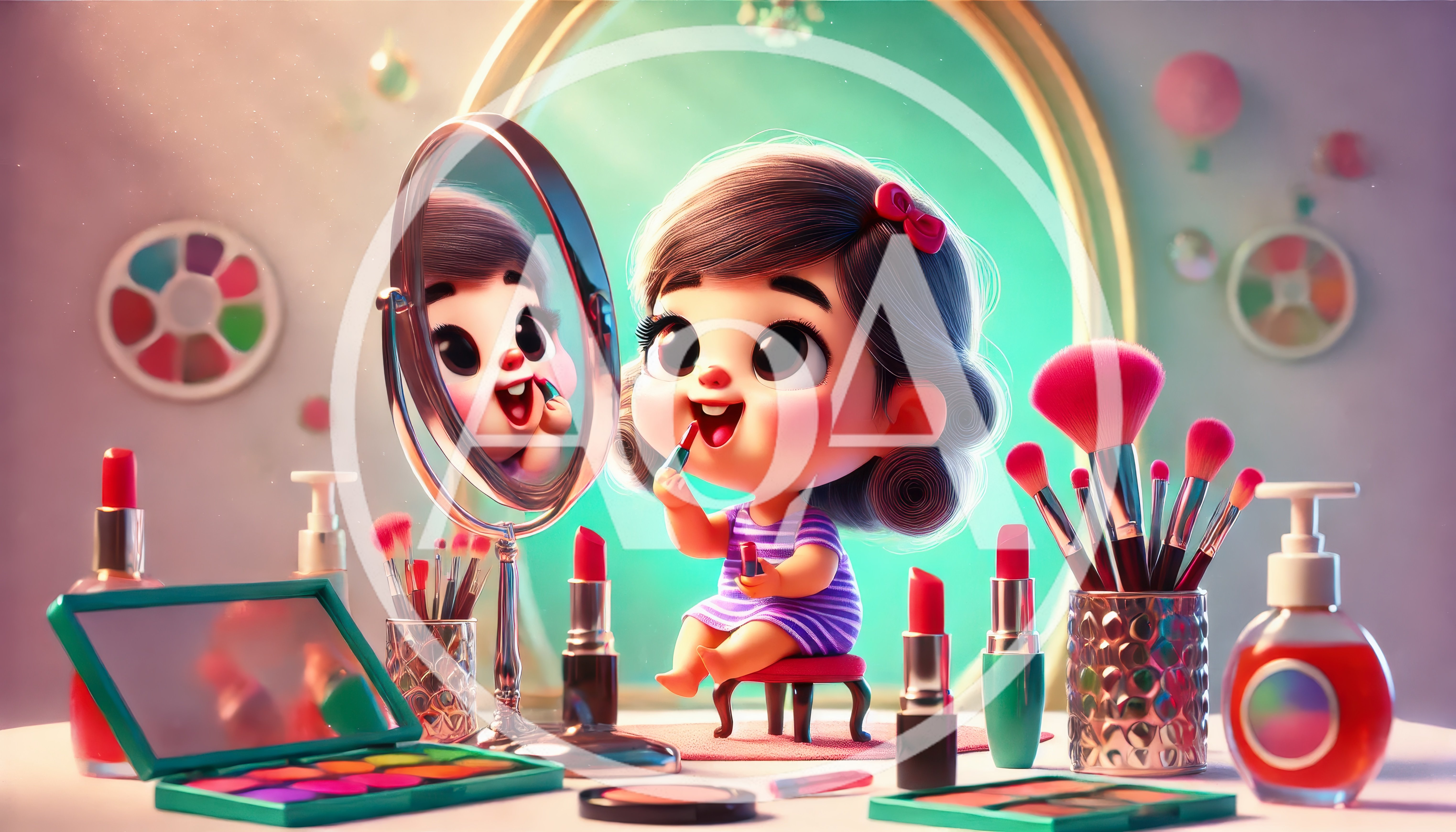 Cute Cartoon Girl Applying Lipstick At Vanity