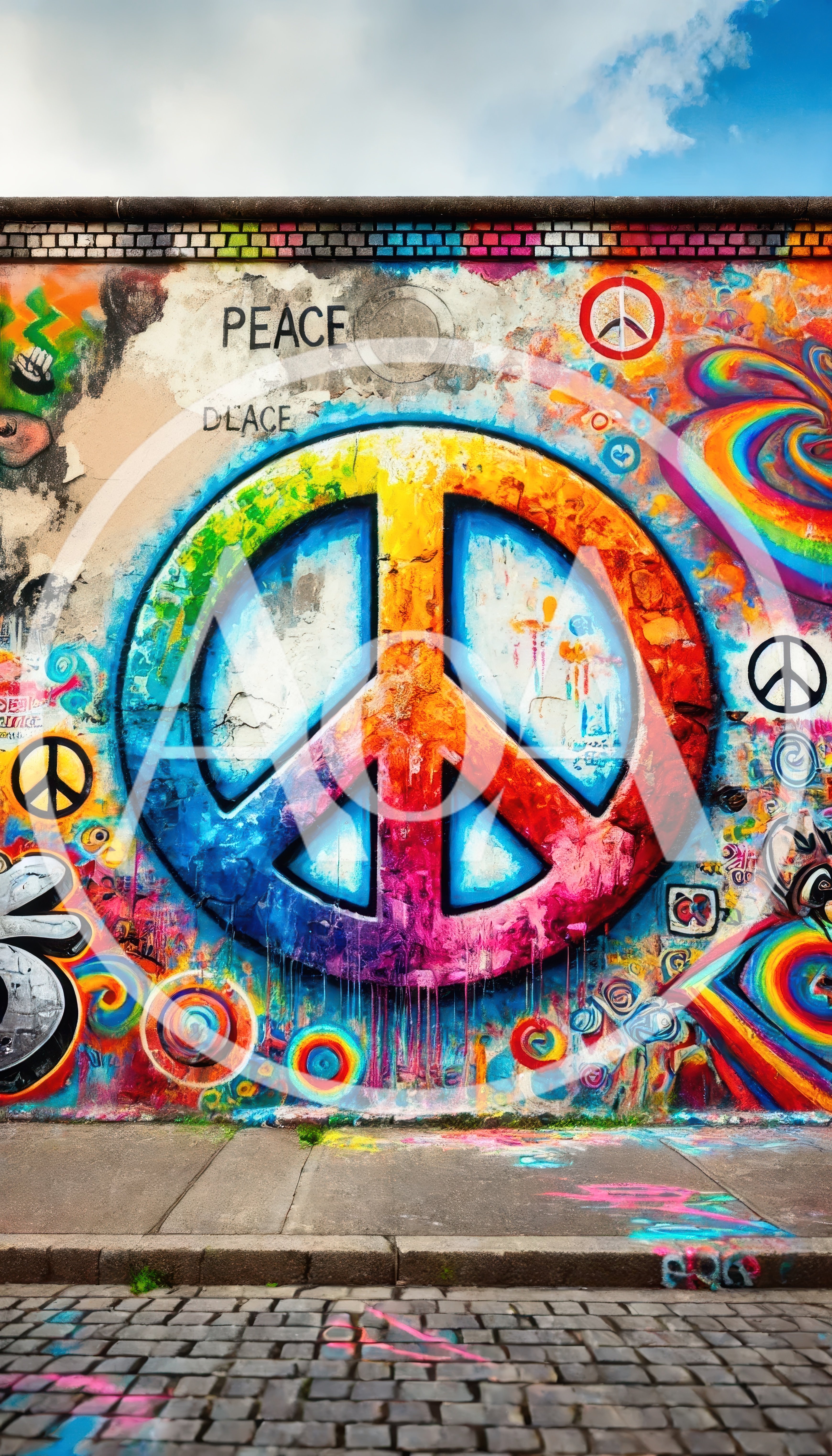 Colorful Peace Symbol Graffiti Mural On Urban Wall