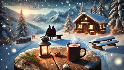Couple Sitting On Bench Outside Snowy Mountain Cabin