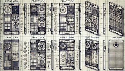 Technical Blueprint Sketches Of Smartphone Device Designs